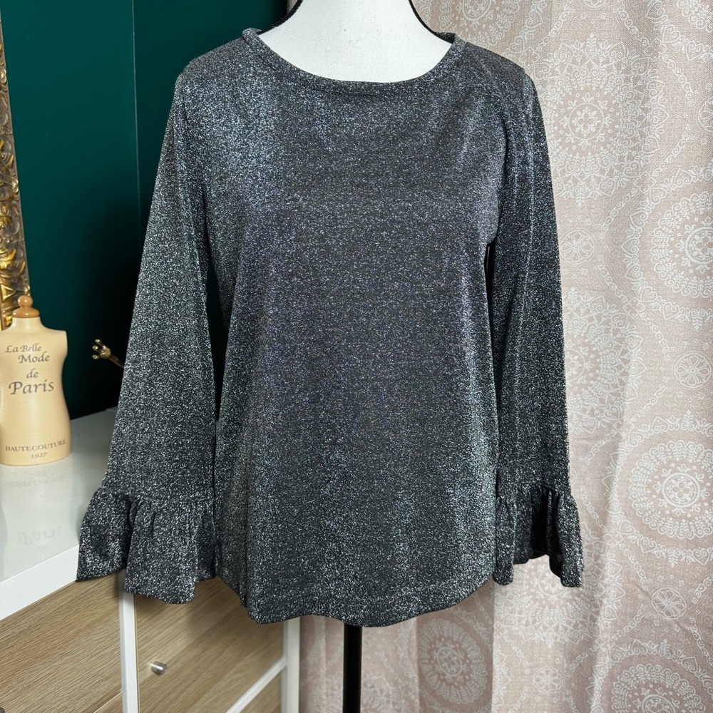 J. Crew Shiny Silver Sparkle Metallic Bell Sleeve Blouse Size Medium Holiday - Picture 2 of 12